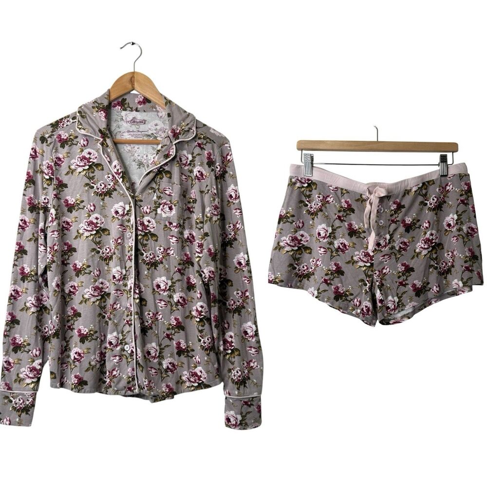 Cariloha Bamboo Sleepwear Matching Set Floral Jersey Long Sleeve Top & Shorts M